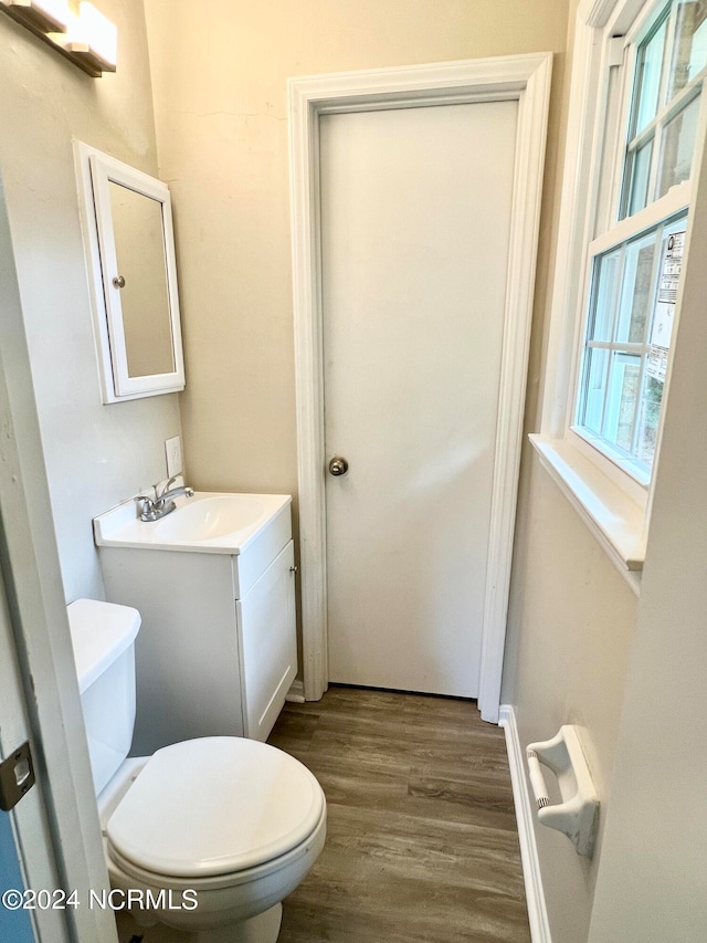 bathroom featuring hardwood / wood-style flooring, vanity, and toilet