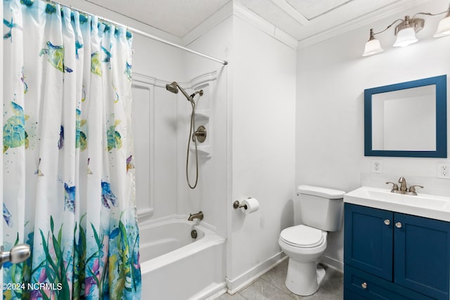 full bathroom featuring crown molding, tile patterned floors, toilet, shower / bath combination with curtain, and vanity