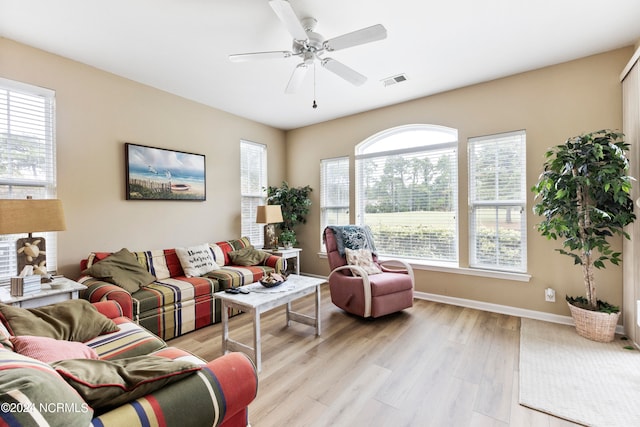 living room featuring ceiling fan, light hardwood / wood-style floors, and a healthy amount of sunlight