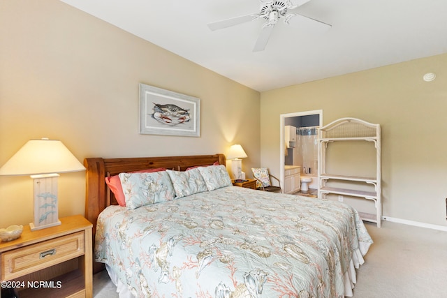 bedroom featuring ceiling fan and light colored carpet