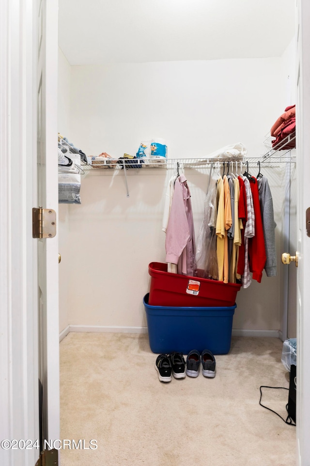 walk in closet featuring light carpet