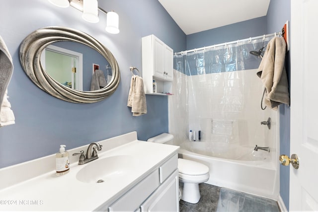 full bathroom with vanity, toilet, and shower / tub combo with curtain