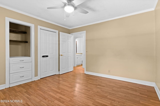 unfurnished bedroom with ceiling fan, ornamental molding, and light hardwood / wood-style floors