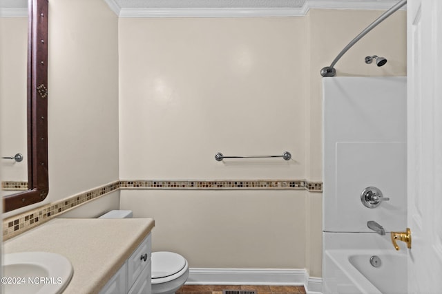 full bathroom featuring ornamental molding, vanity, toilet, and shower / bathtub combination