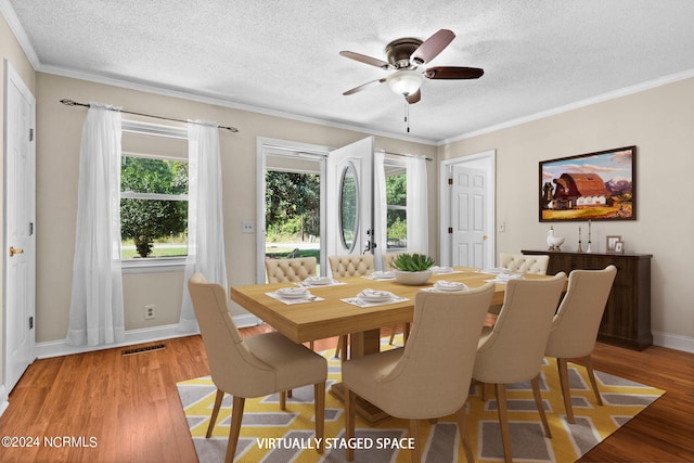 dining space with ceiling fan, a textured ceiling, light wood-type flooring, and ornamental molding