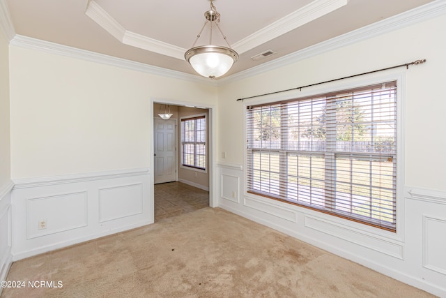 spare room featuring ornamental molding, light colored carpet, and a tray ceiling