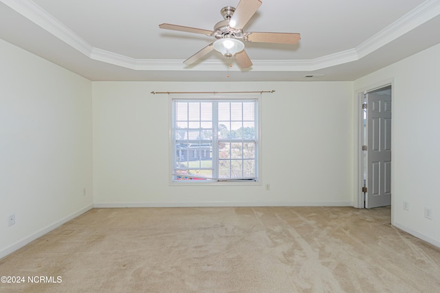 carpeted empty room featuring crown molding, ceiling fan, and a raised ceiling