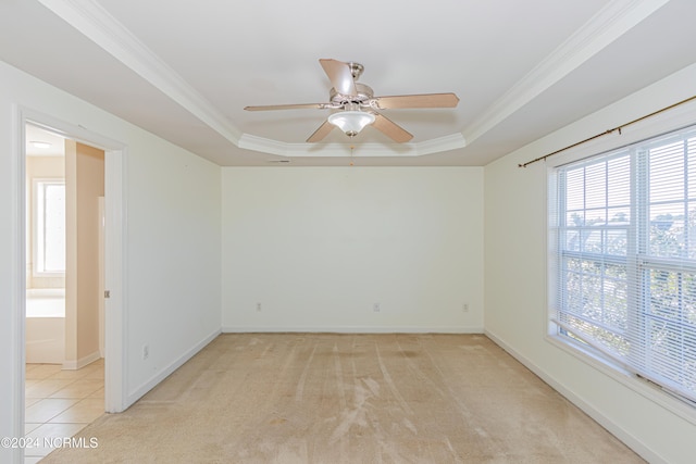 empty room with crown molding, light colored carpet, and a raised ceiling