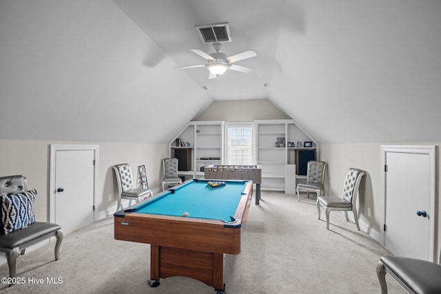 playroom with ceiling fan, light carpet, lofted ceiling, and pool table