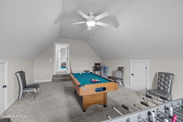 rec room featuring carpet flooring, ceiling fan, lofted ceiling, and billiards