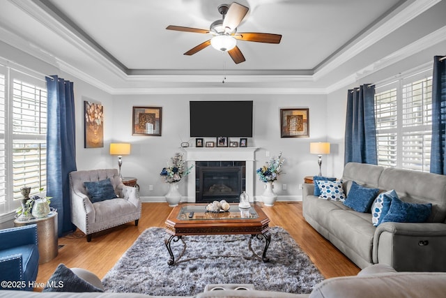 living room featuring plenty of natural light, a tile fireplace, and a tray ceiling