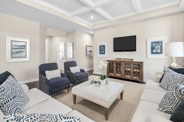 living room featuring coffered ceiling, light hardwood / wood-style flooring, and beam ceiling