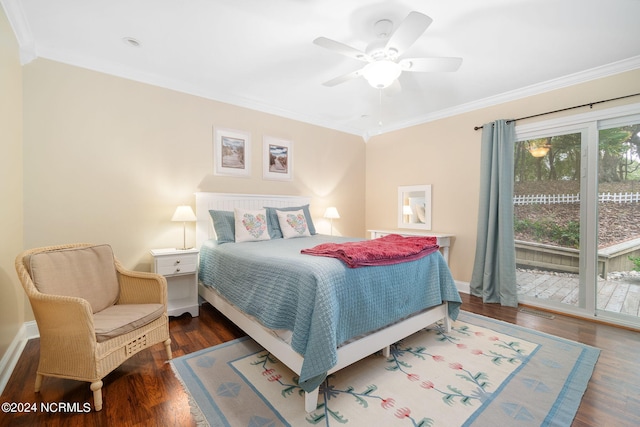 bedroom with dark wood-type flooring, ceiling fan, and access to outside