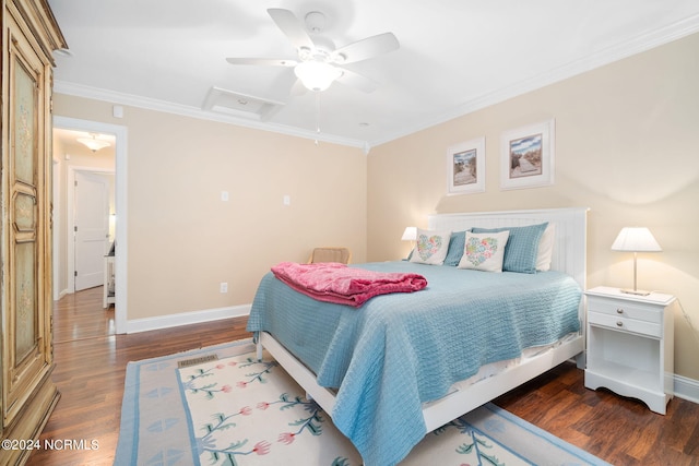 bedroom with ceiling fan, ornamental molding, and dark hardwood / wood-style flooring