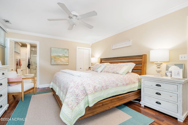 bedroom featuring crown molding, connected bathroom, ceiling fan, and dark hardwood / wood-style flooring