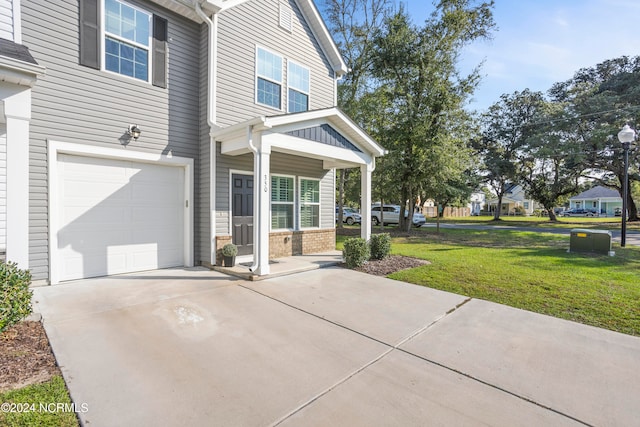 view of patio / terrace featuring a garage