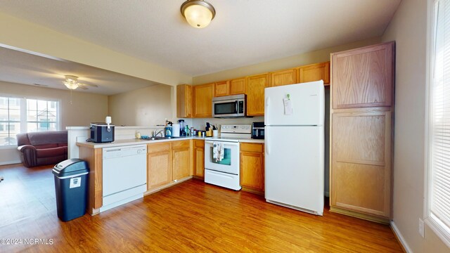 kitchen featuring white appliances, light brown cabinetry, light hardwood / wood-style flooring, ceiling fan, and sink