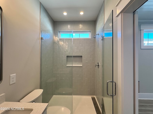 bathroom with vanity, toilet, hardwood / wood-style flooring, and a shower with door