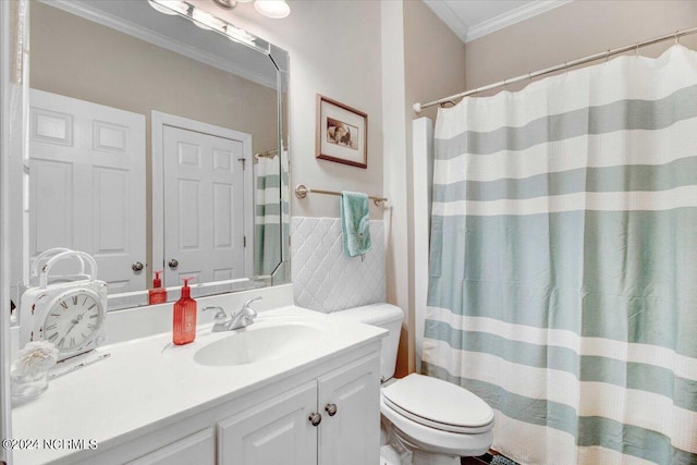 full bath featuring toilet, vanity, and crown molding