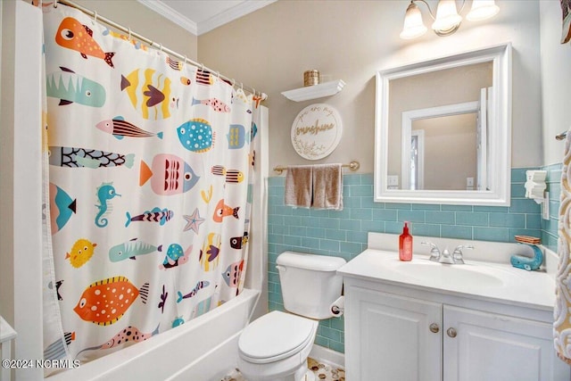 full bath featuring toilet, vanity, tile walls, ornamental molding, and shower / bath combo with shower curtain