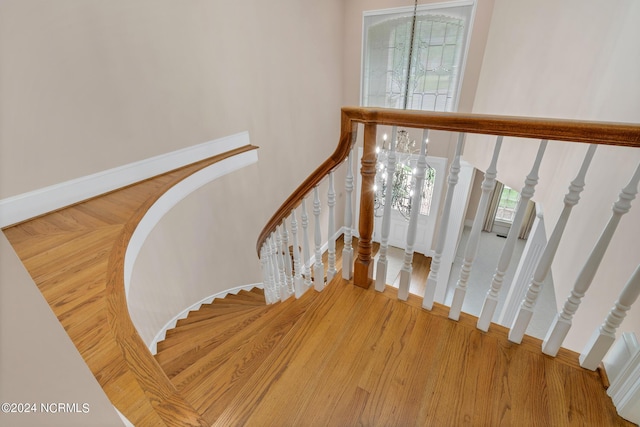 stairway with an inviting chandelier and hardwood / wood-style floors