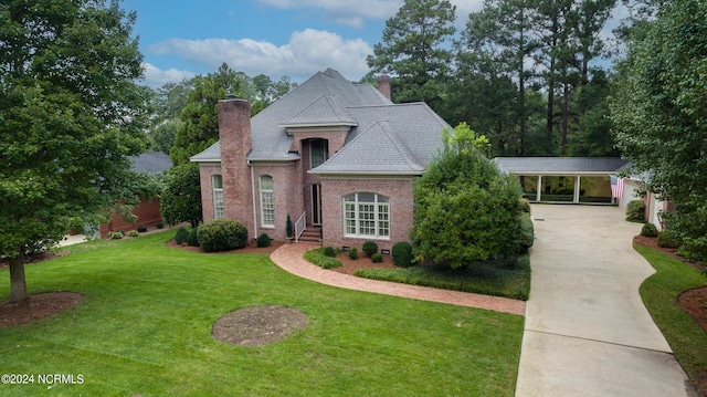 french country home featuring a carport and a front lawn