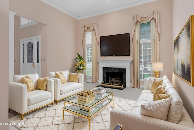 living room with ornamental molding and a fireplace