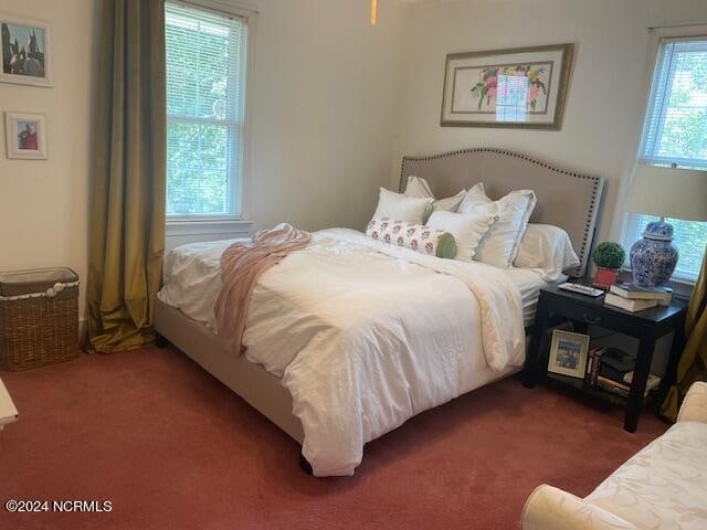 bedroom featuring dark carpet