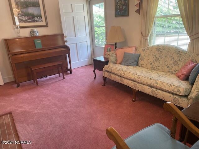 living room with plenty of natural light and carpet flooring