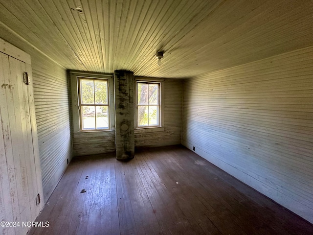 unfurnished bedroom with wood ceiling, hardwood / wood-style floors, and wood walls