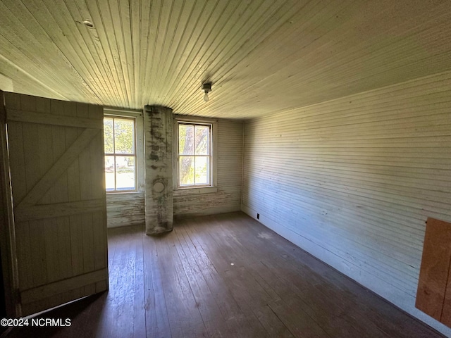 additional living space with wooden walls, dark hardwood / wood-style flooring, and wooden ceiling