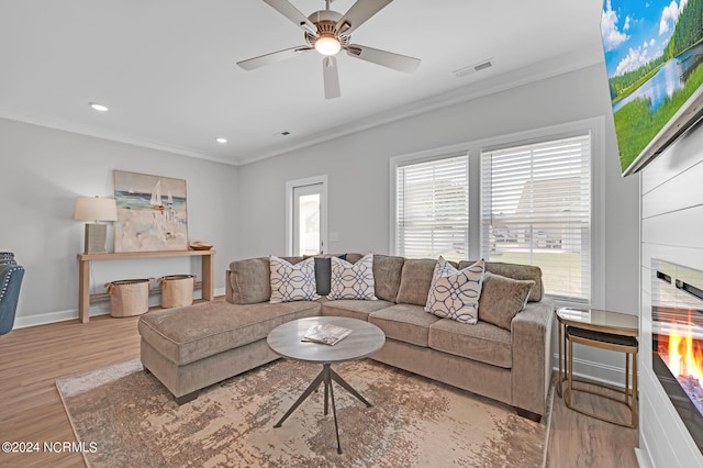 living room with ceiling fan, ornamental molding, and light hardwood / wood-style flooring