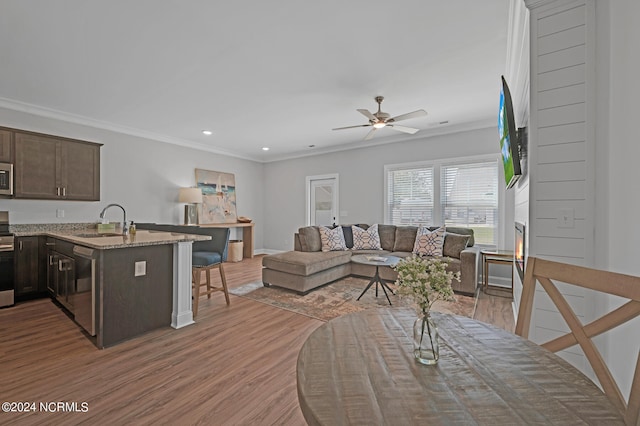 living room with ornamental molding, light hardwood / wood-style flooring, sink, and ceiling fan