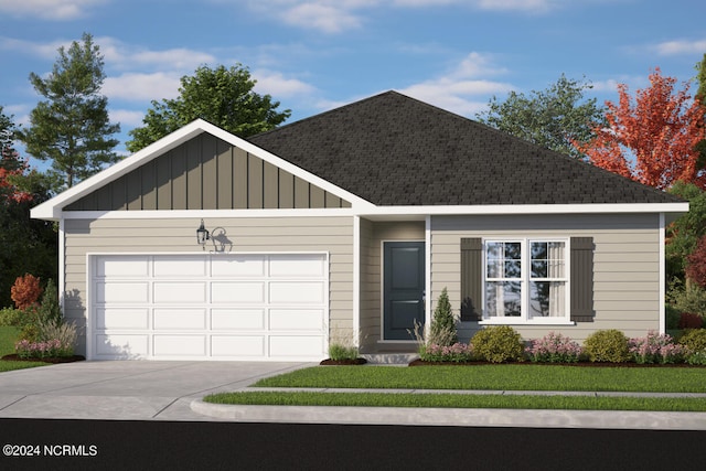 ranch-style home featuring a front lawn, roof with shingles, board and batten siding, concrete driveway, and a garage