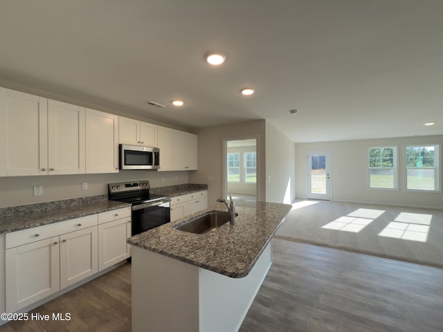 kitchen with dark wood-style flooring, a sink, white cabinets, appliances with stainless steel finishes, and open floor plan