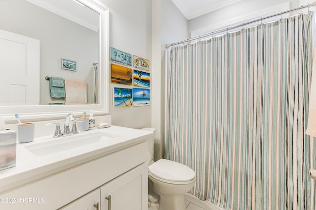 bathroom with vanity, toilet, ornamental molding, and a shower with shower curtain