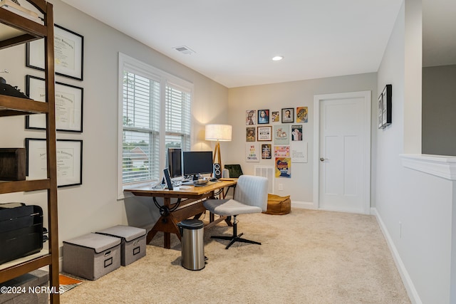 home office featuring light carpet