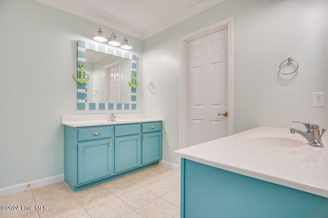 bathroom featuring tile patterned floors, vanity, and ornamental molding