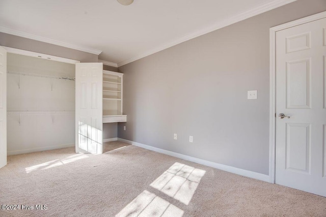 unfurnished bedroom with light carpet, a closet, and ornamental molding