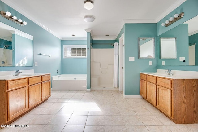 bathroom with separate shower and tub, tile patterned flooring, vanity, and ornamental molding