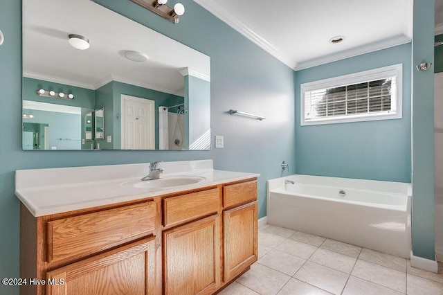 bathroom featuring tile patterned flooring, vanity, a bathing tub, and ornamental molding