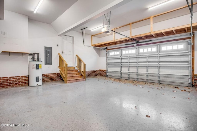 garage featuring electric panel, electric water heater, and a garage door opener