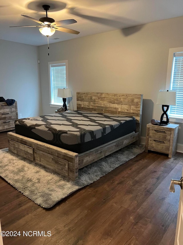 bedroom featuring multiple windows, dark hardwood / wood-style floors, and ceiling fan