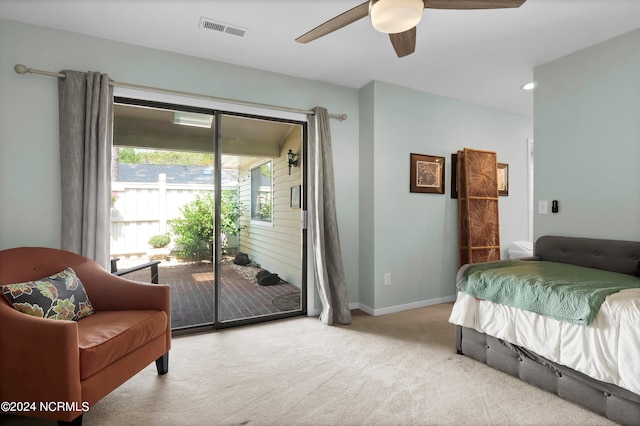 carpeted bedroom featuring access to outside and ceiling fan