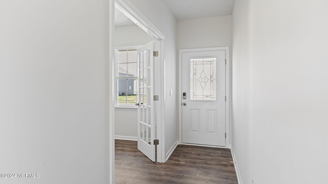 doorway with dark hardwood / wood-style flooring