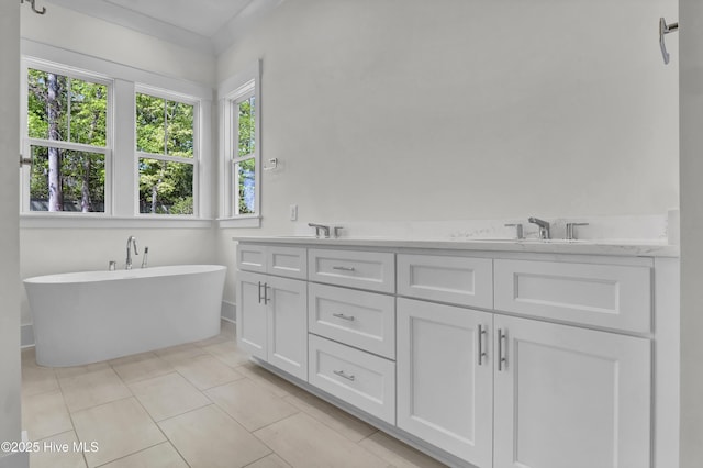 bathroom featuring double vanity, plenty of natural light, a soaking tub, and a sink