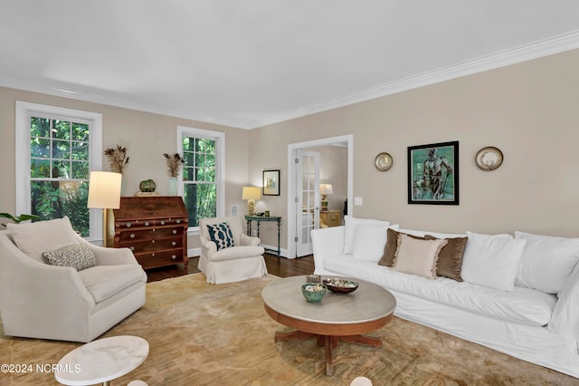 living room with hardwood / wood-style flooring and ornamental molding