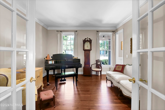 office area featuring dark wood-type flooring, crown molding, and french doors