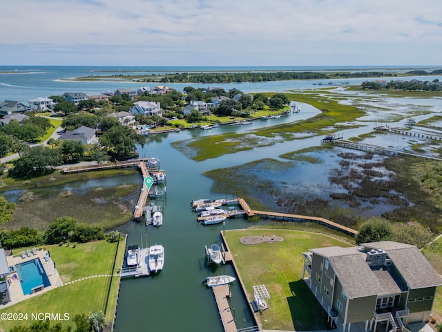 drone / aerial view featuring a water view