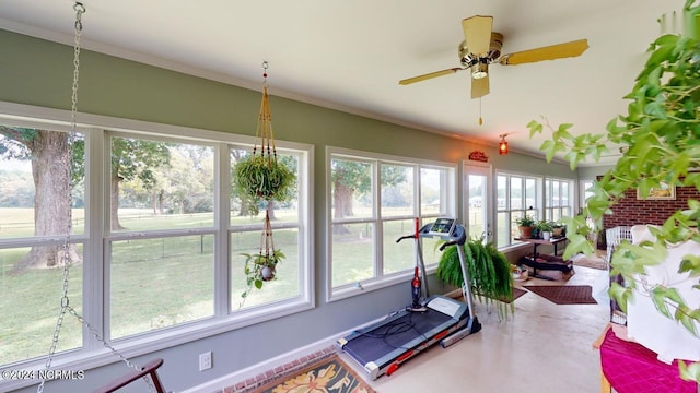 workout room featuring ceiling fan and plenty of natural light